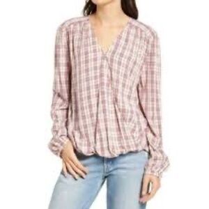 122- Treasure & Bond NWT Red Plaid Wrap Long-Sleeve Top, Size XS